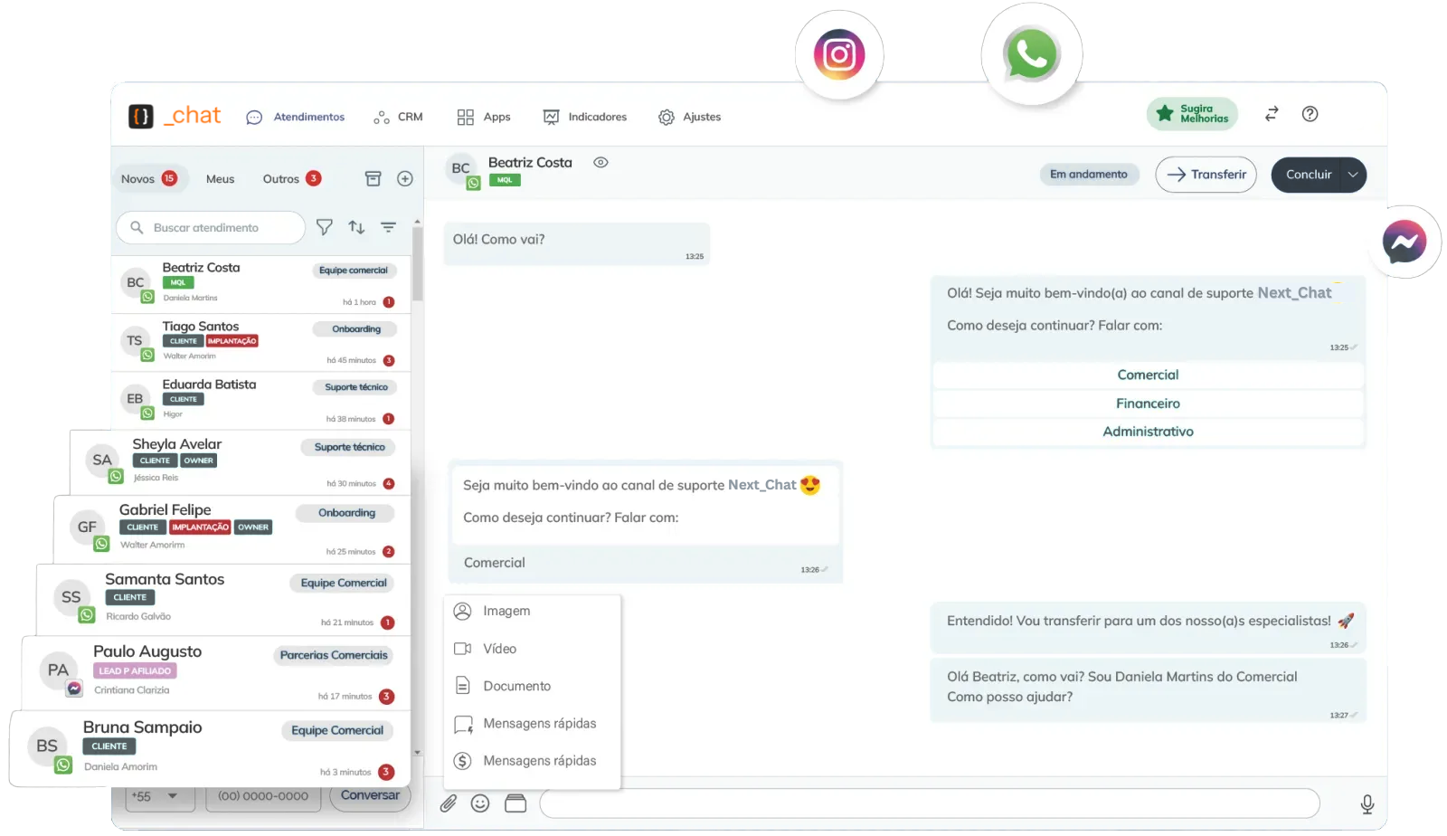 Interface do next_chat mostrando atendimentos e conversas
