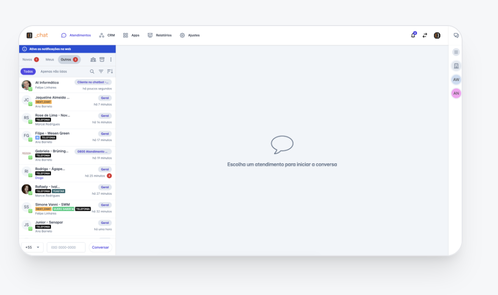 Painel do next_chat - Interface de atendimento multicanal