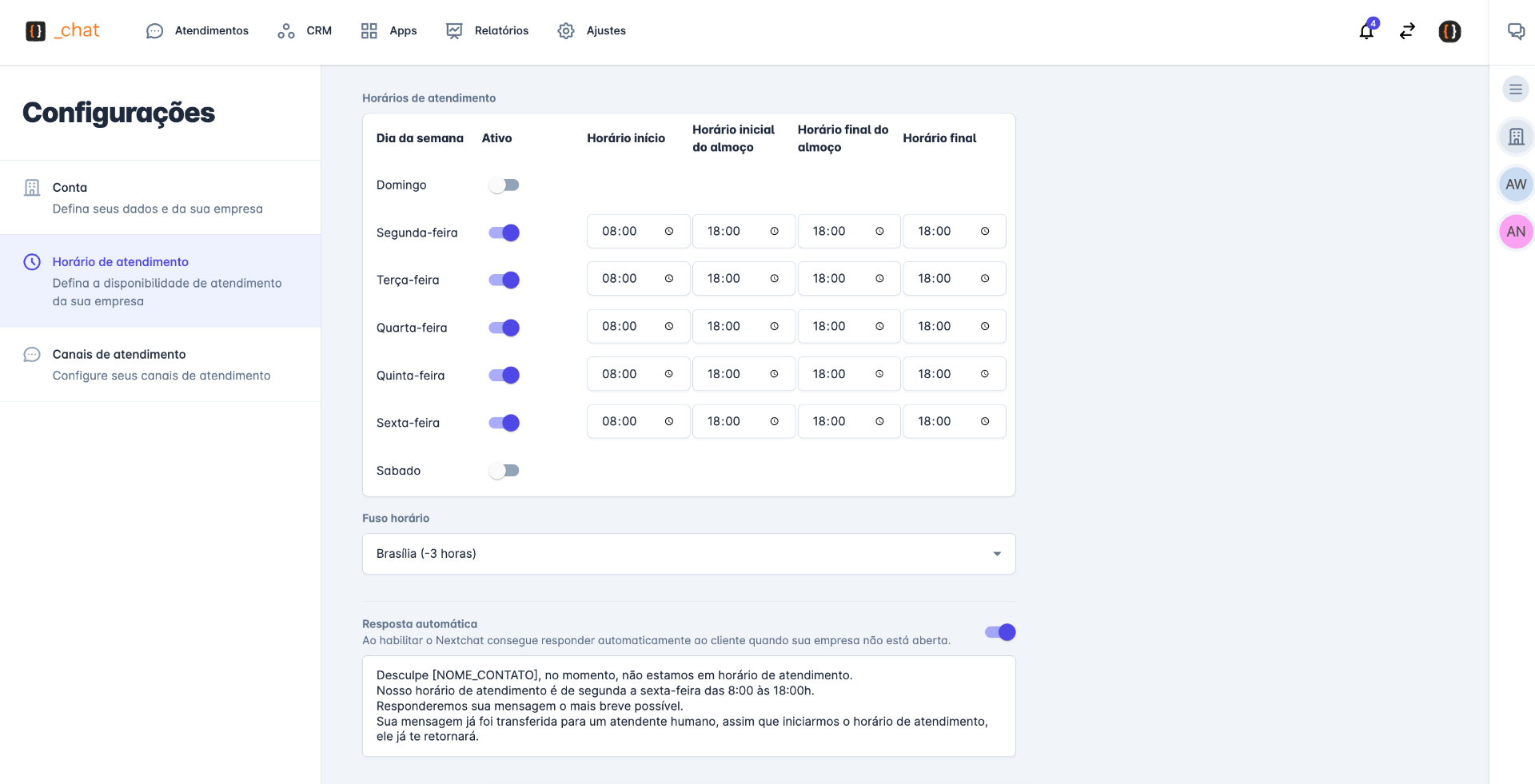 Configurações e resposta automática do next_chat